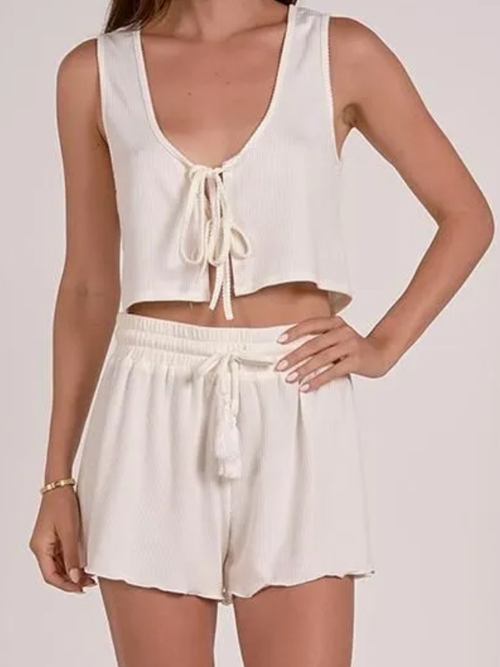 Boutique Elan Sensea Lace-Up Ribbed Crop Tank and Shorts Set - Off White Size L
